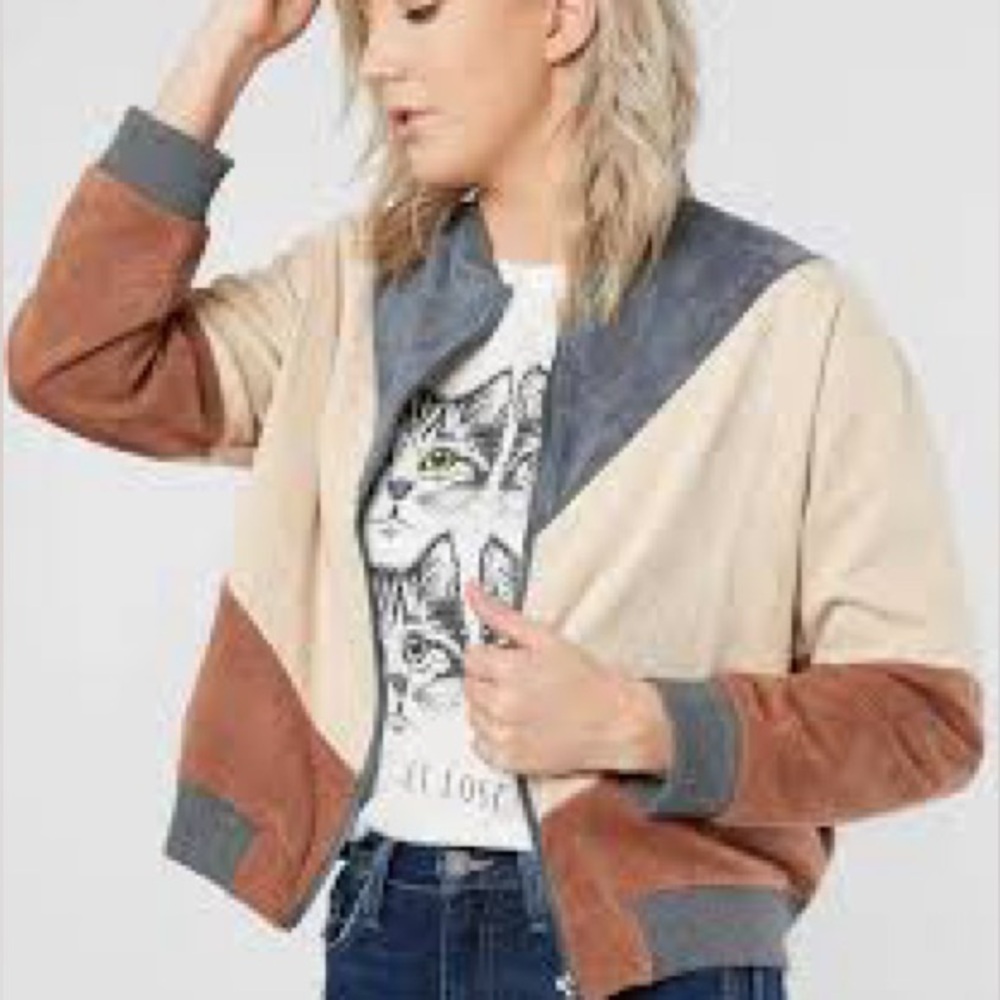 Paper Crane Colorblock Suede Bomber Jacket in Gray, Cream & Brown
